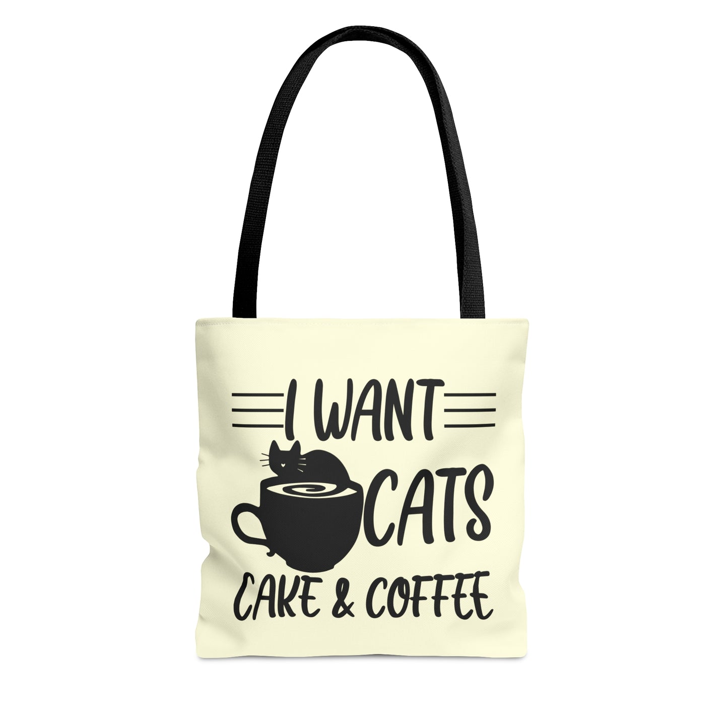 Cream Tote bag with 'I Want Cats, Cake & Coffee' text with cat & coffee cup graphic