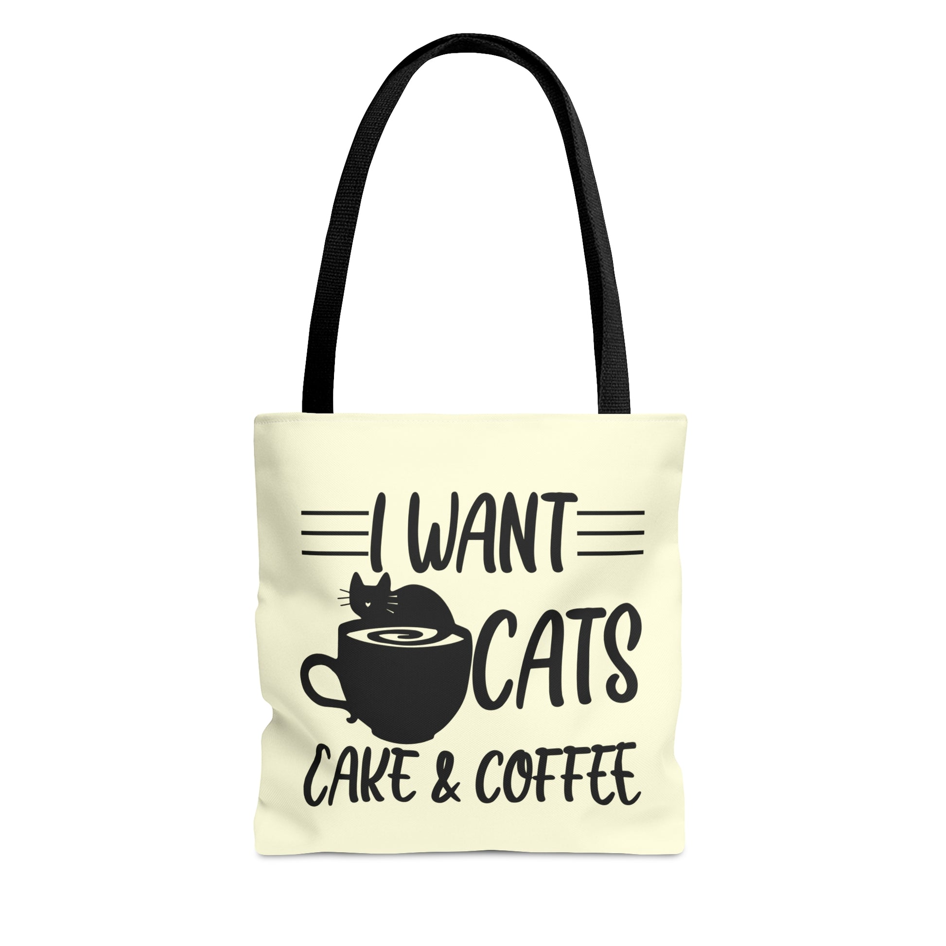 Cream Tote bag with 'I Want Cats, Cake & Coffee' text with cat & coffee cup graphic