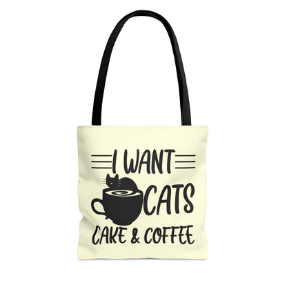 Cream Tote bag with 'I Want Cats, Cake & Coffee' text with cat & coffee cup graphic