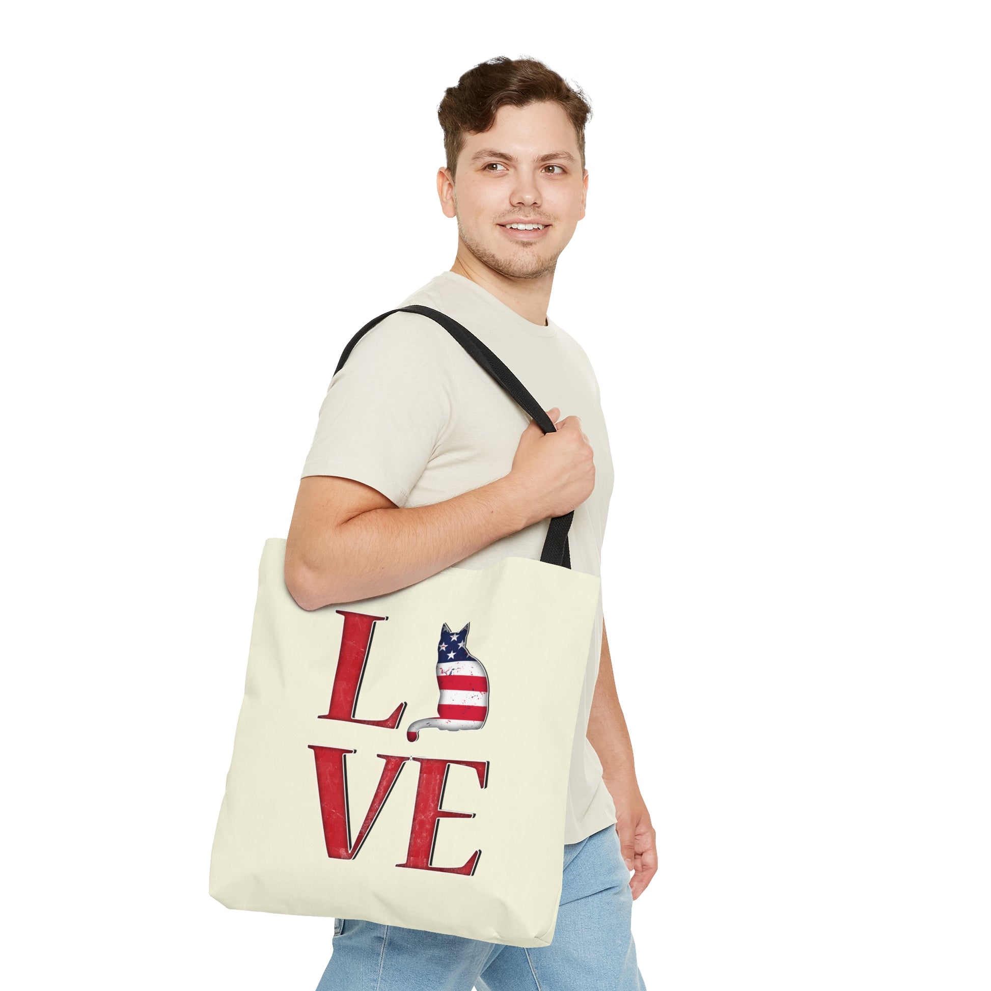 Cream color Tote bag with 'LOVE' text and cat silhouette design with a Stars & Stripes theme