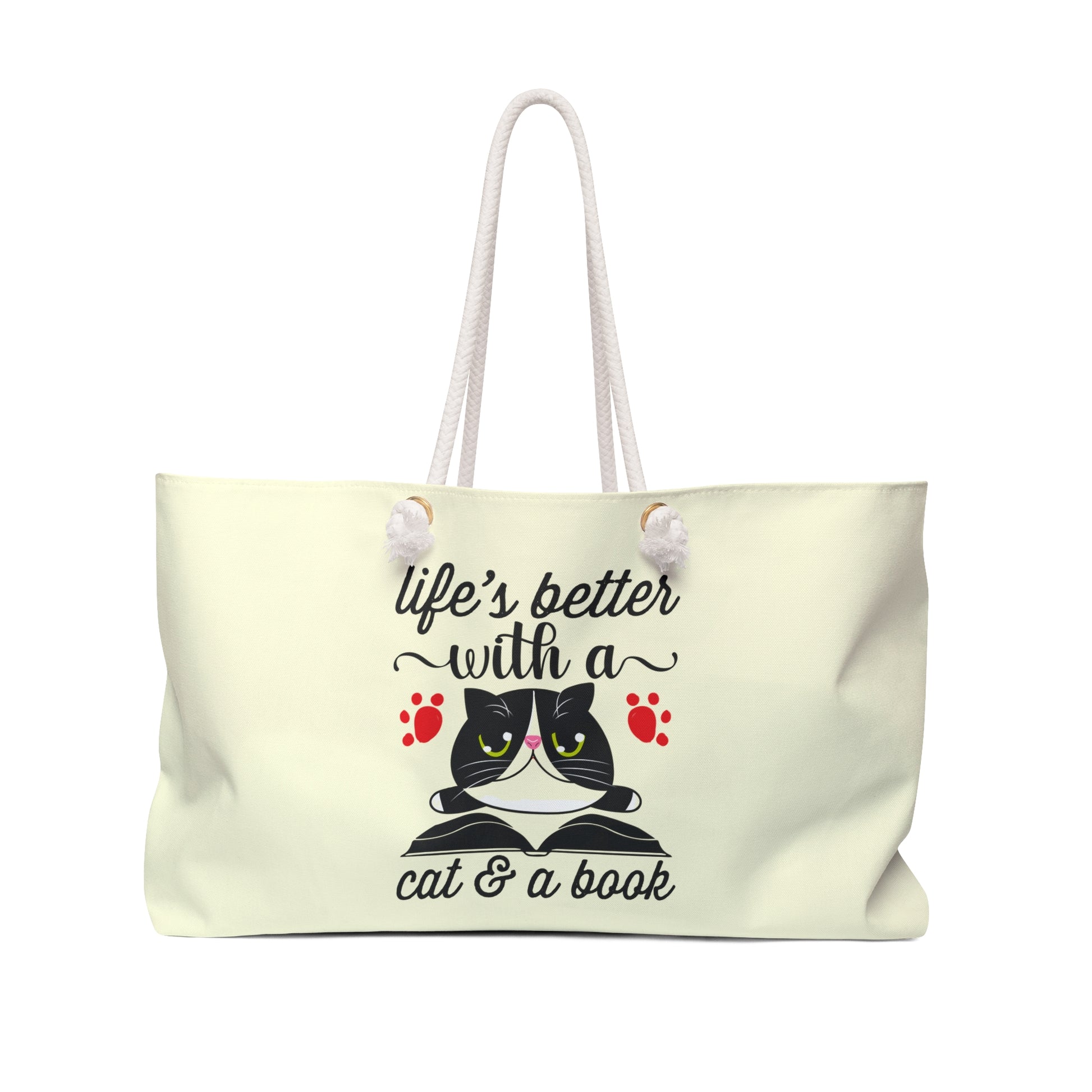 Cream colored Weekender Tote bag with a cat and book design and text 'life's better with a cat and a book'  