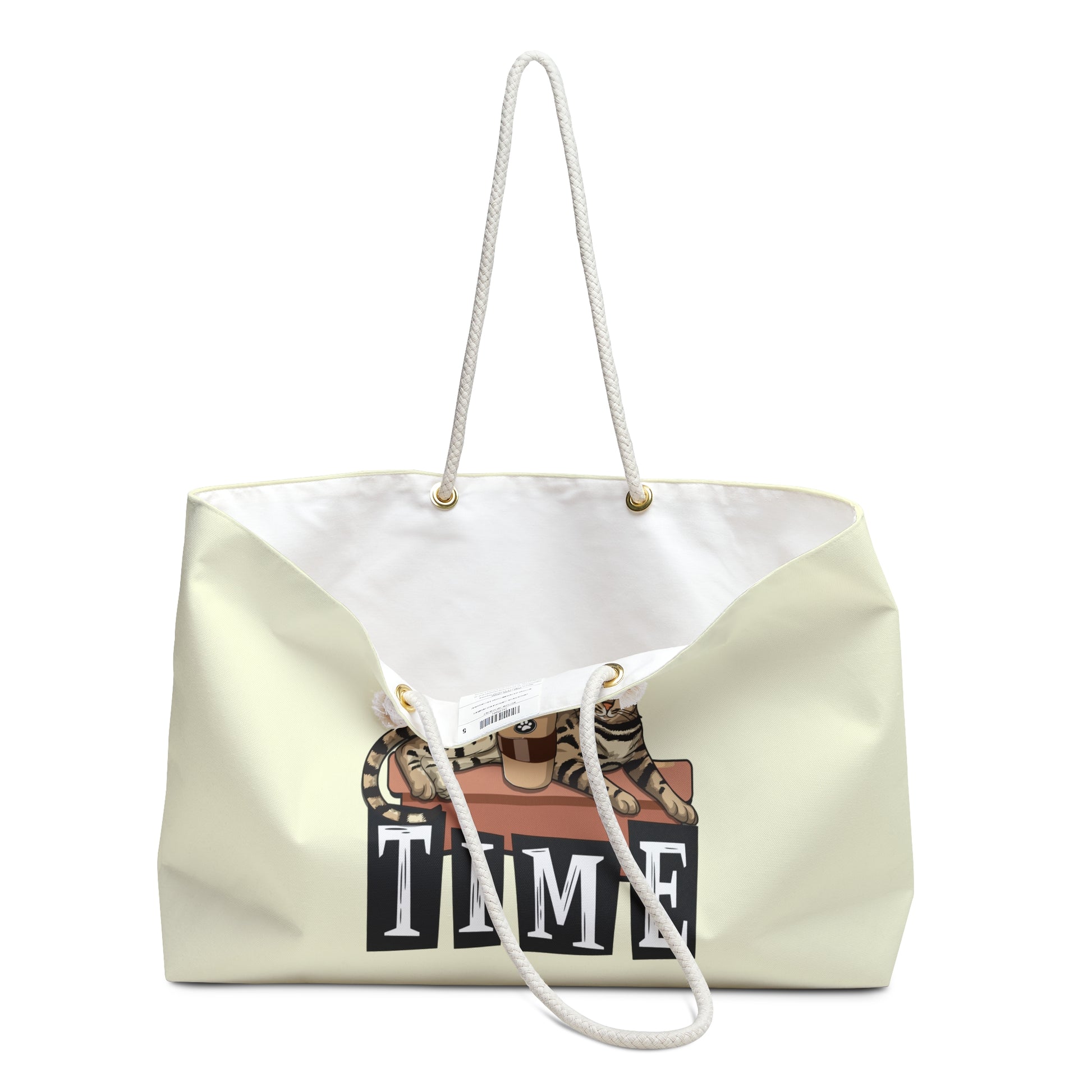 Cream colored tote bag with a Bengal cat, coffee cup, love hearts, coffee beans and 'Coffee Time' text  