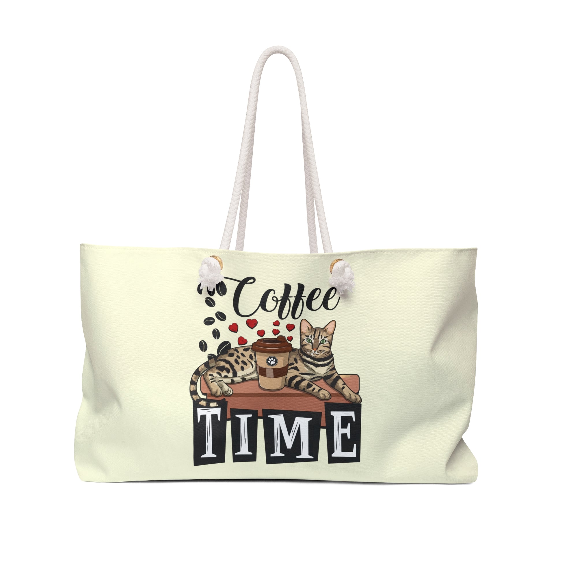 Cream colored tote bag with a Bengal cat, coffee cup, love hearts, coffee beans and 'Coffee Time' text  