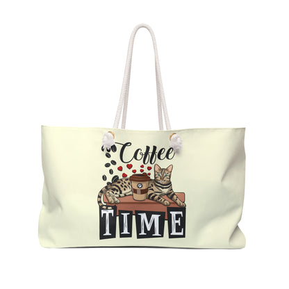 Cream colored tote bag with a Bengal cat, coffee cup, love hearts, coffee beans and 'Coffee Time' text  