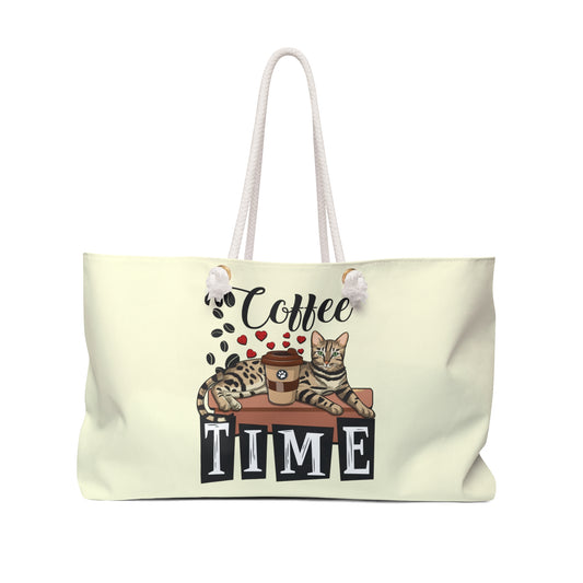 Cream colored tote bag with a Bengal cat, coffee cup, love hearts, coffee beans and 'Coffee Time' text  