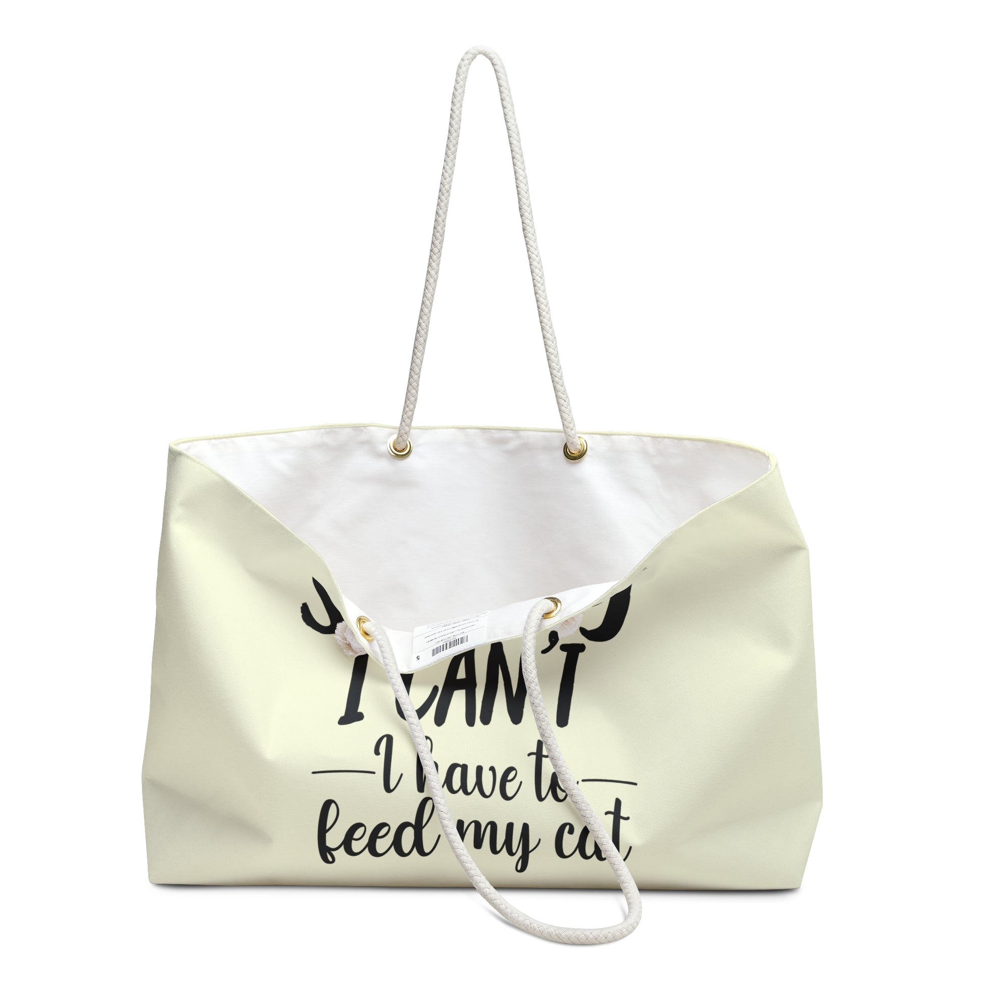 Cream colored tote bag with text 'Sorry I can't, I have to feed my cat'  