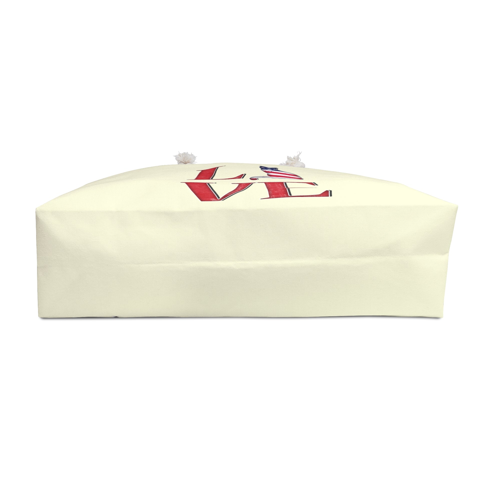 Cream colored weekender tote Bag with 'LOVE' text and cat silhouette design with a USA theme