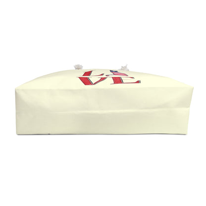 Cream colored weekender tote Bag with 'LOVE' text and cat silhouette design with a USA theme