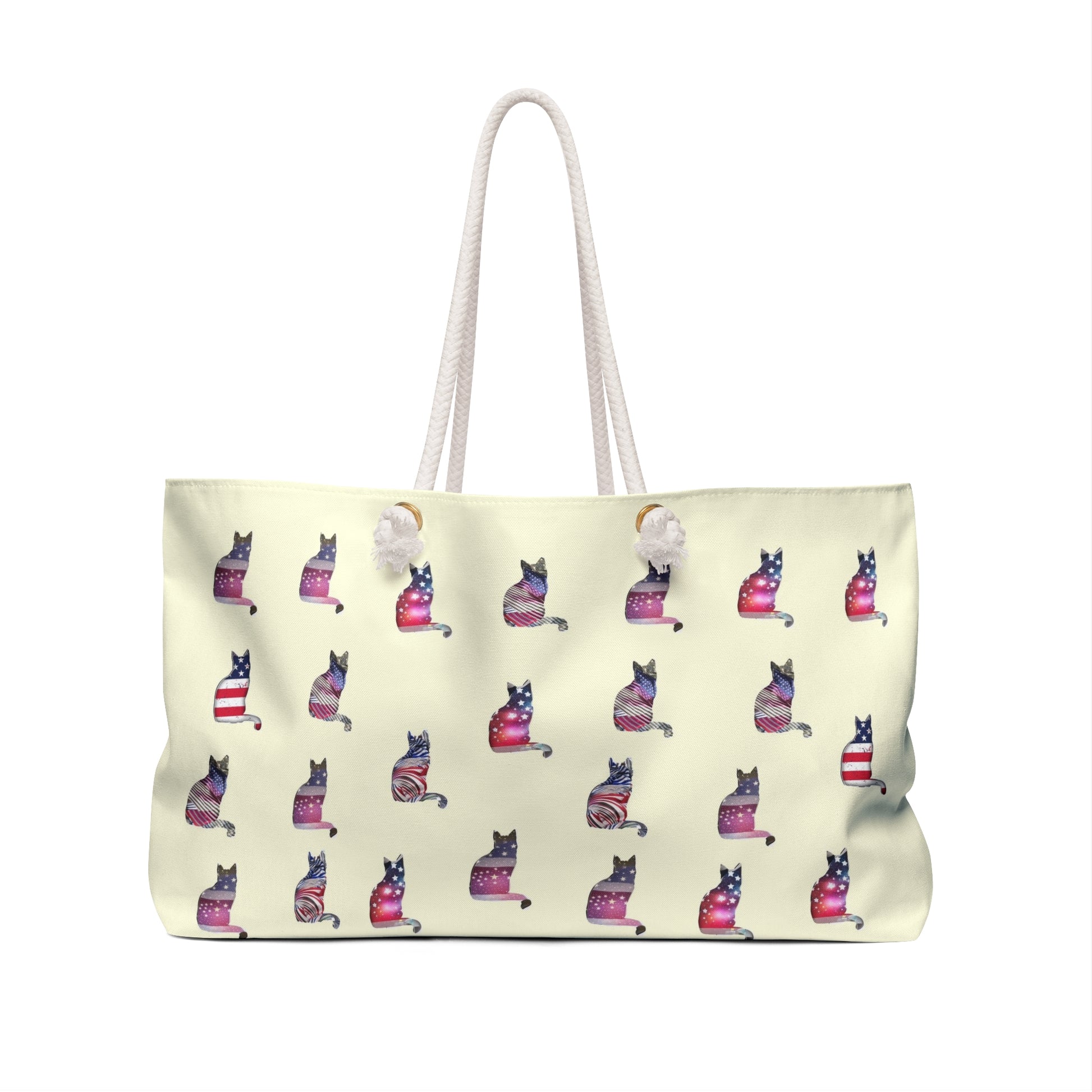 Cream colored weekender tote Bag with 'LOVE' text and cat silhouette design with a USA theme