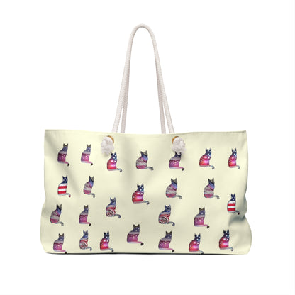 Cream colored weekender tote Bag with 'LOVE' text and cat silhouette design with a USA theme
