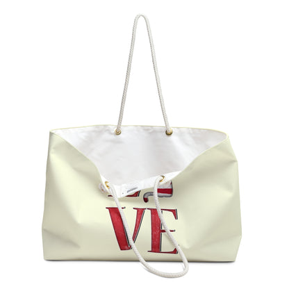 Cream colored weekender tote Bag with 'LOVE' text and cat silhouette design with a USA theme