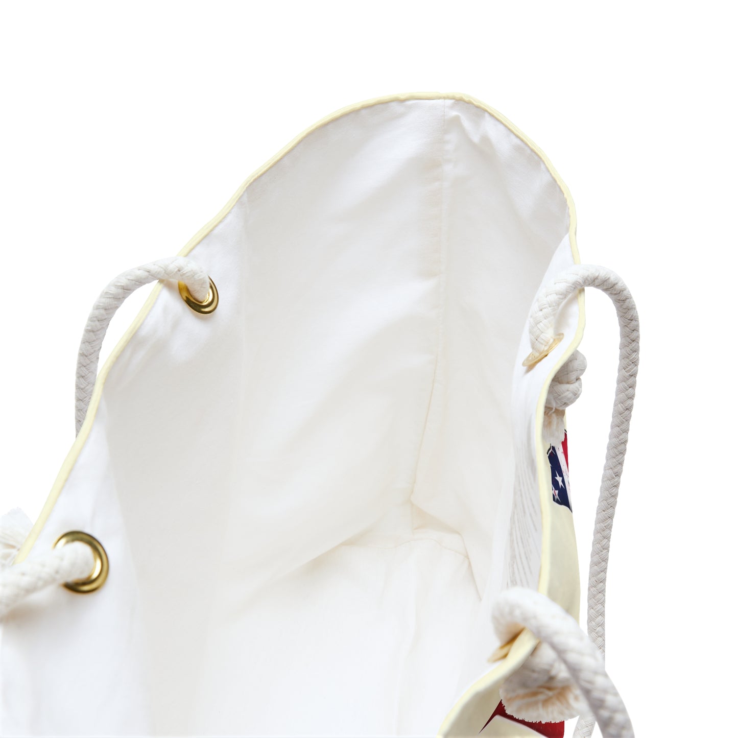 Cream colored weekender tote Bag with 'LOVE' text and cat silhouette design with a USA theme