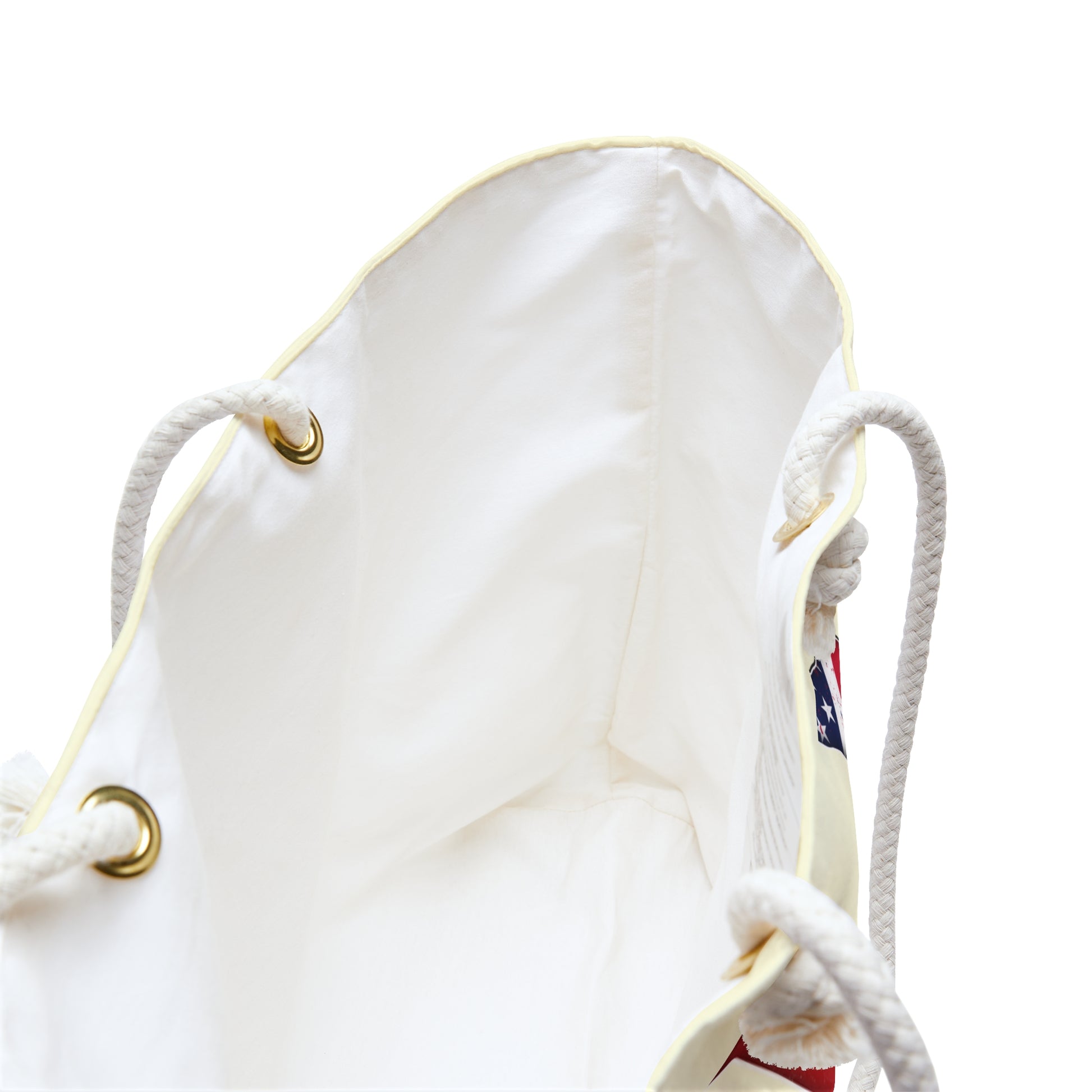 Cream colored weekender tote Bag with 'LOVE' text and cat silhouette design with a USA theme