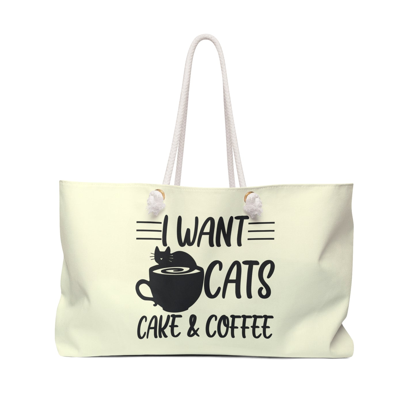 Cream colored weekender tote bag with the text 'I Want Cats, Cake & Coffee' and graphic of cat and coffee cup