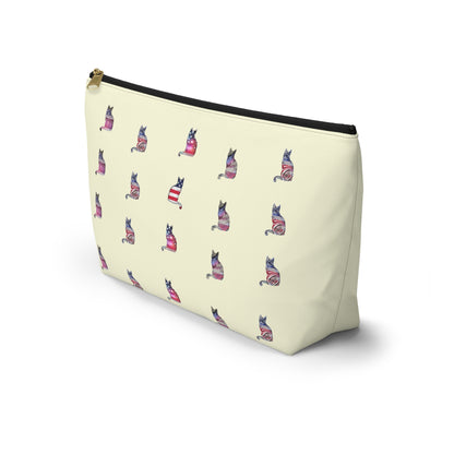 Cream color zipped accessory bag for organising makeup, cosmetics, travel essentials, toiltries, pencil case with 'LOVE' text and cat graphics in the colors of the American flag.