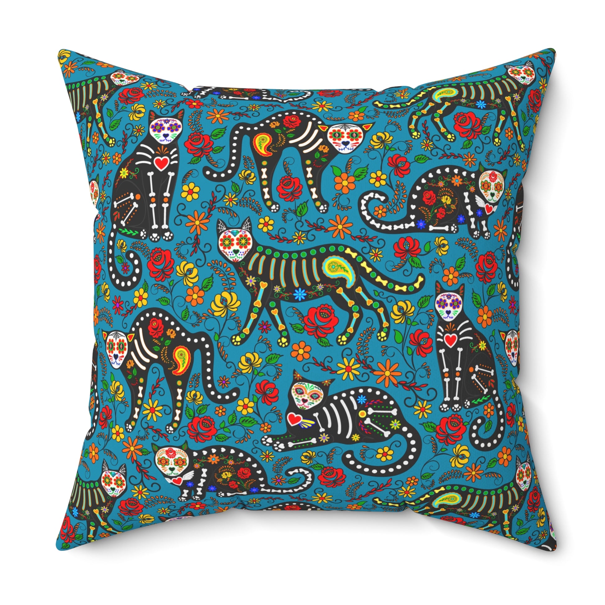 Día de los Muertos themed throw pillow with calavera cats.
