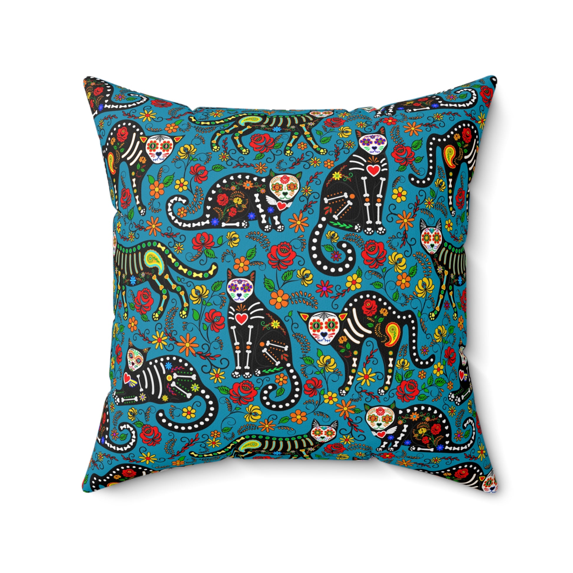 Día de los Muertos themed throw pillow with calavera cats.