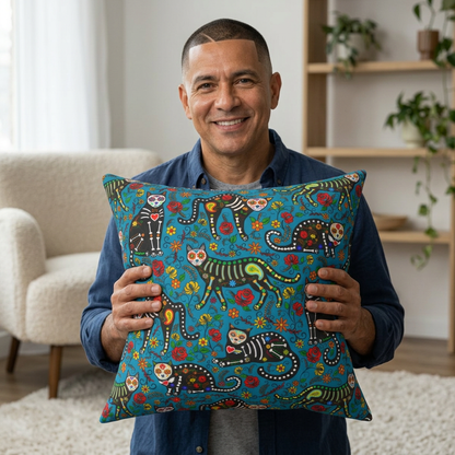 Día de los Muertos themed throw pillow with calavera cats.