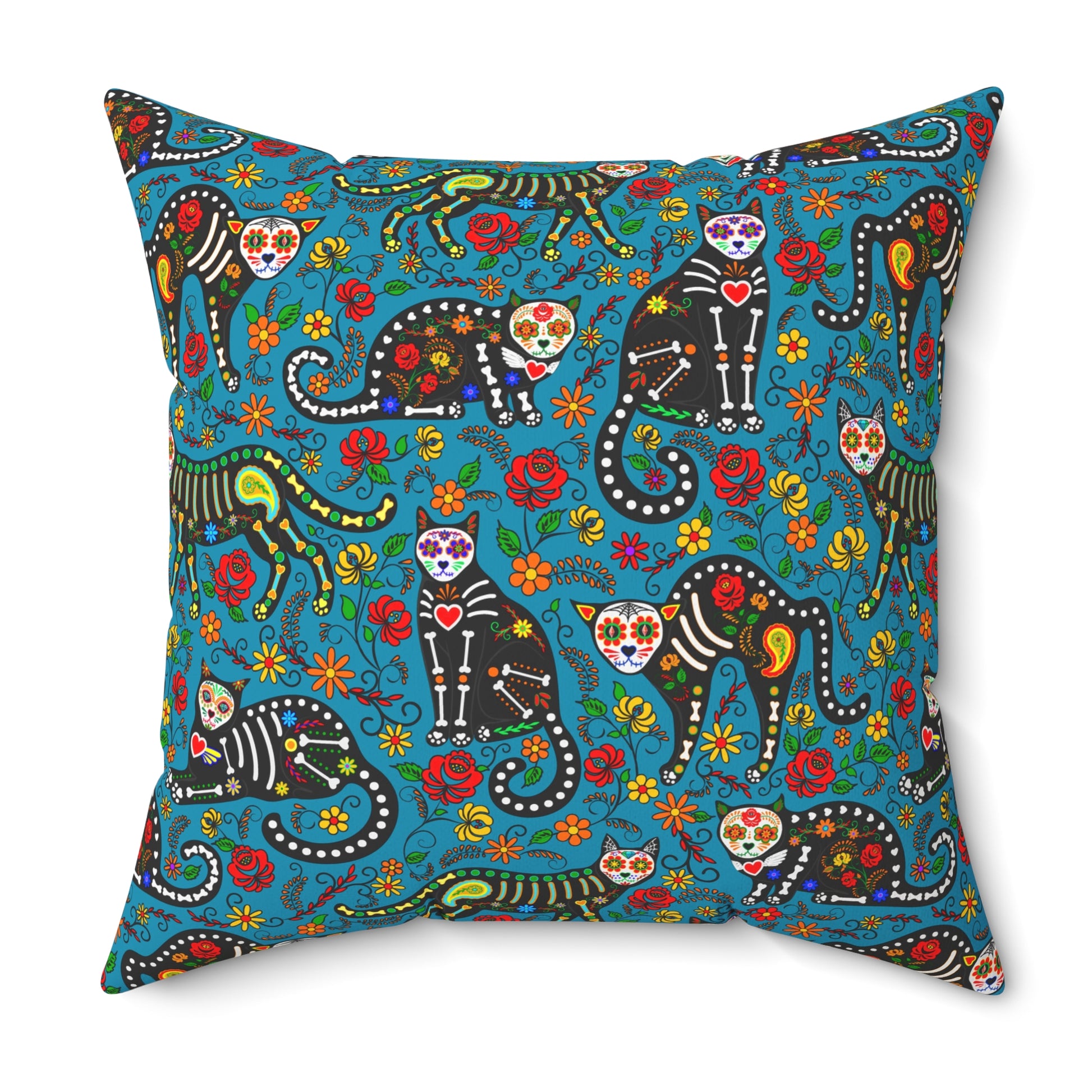 Día de los Muertos themed throw pillow with calavera cats.