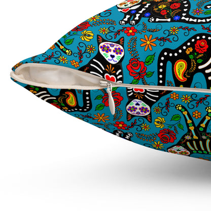 Día de los Muertos themed throw pillow with calavera cats.