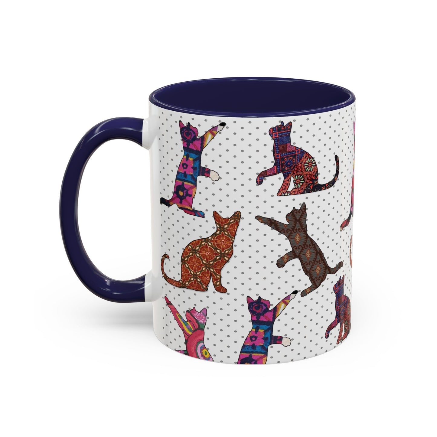 Navy mug with colorful cat silhouette pattern.