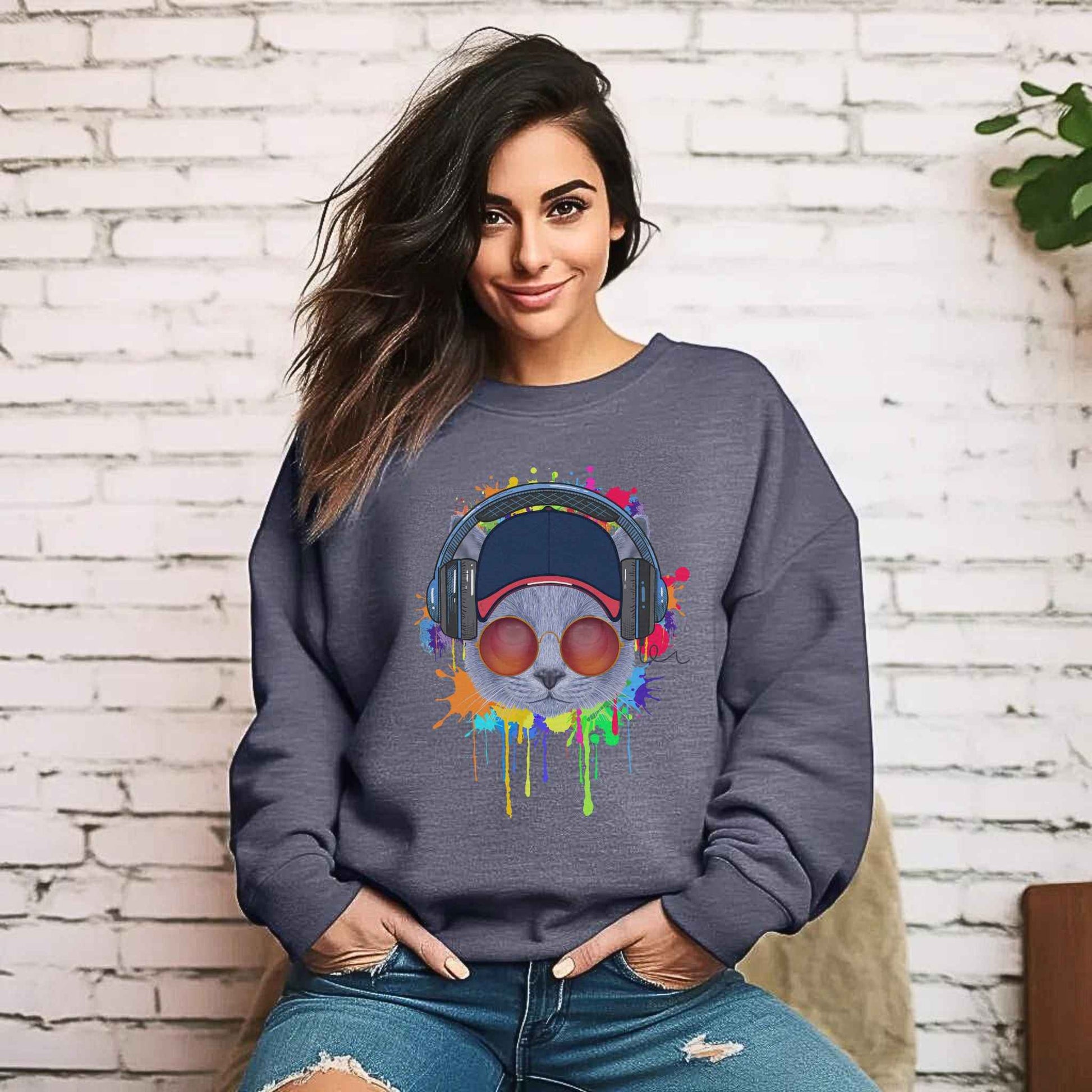 Dark Heather Lost In Music Cat Themed Crewneck Unisex Sweatshirt