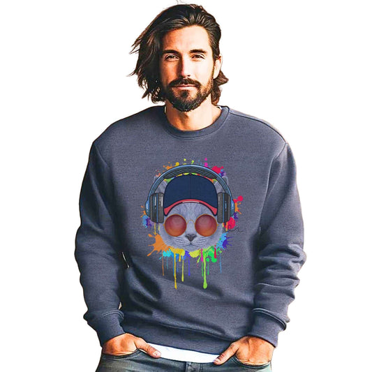 Dark Heather Lost In Music Cat Themed Crewneck Unisex Sweatshirt