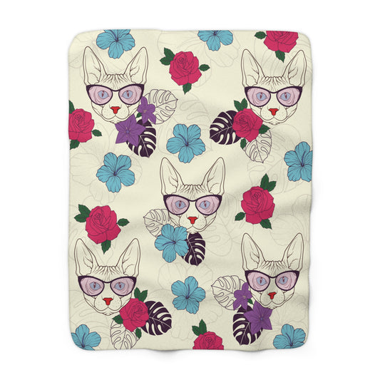 Fleece blanket warm indoor throw with Sphynx cats & flower pattern design.