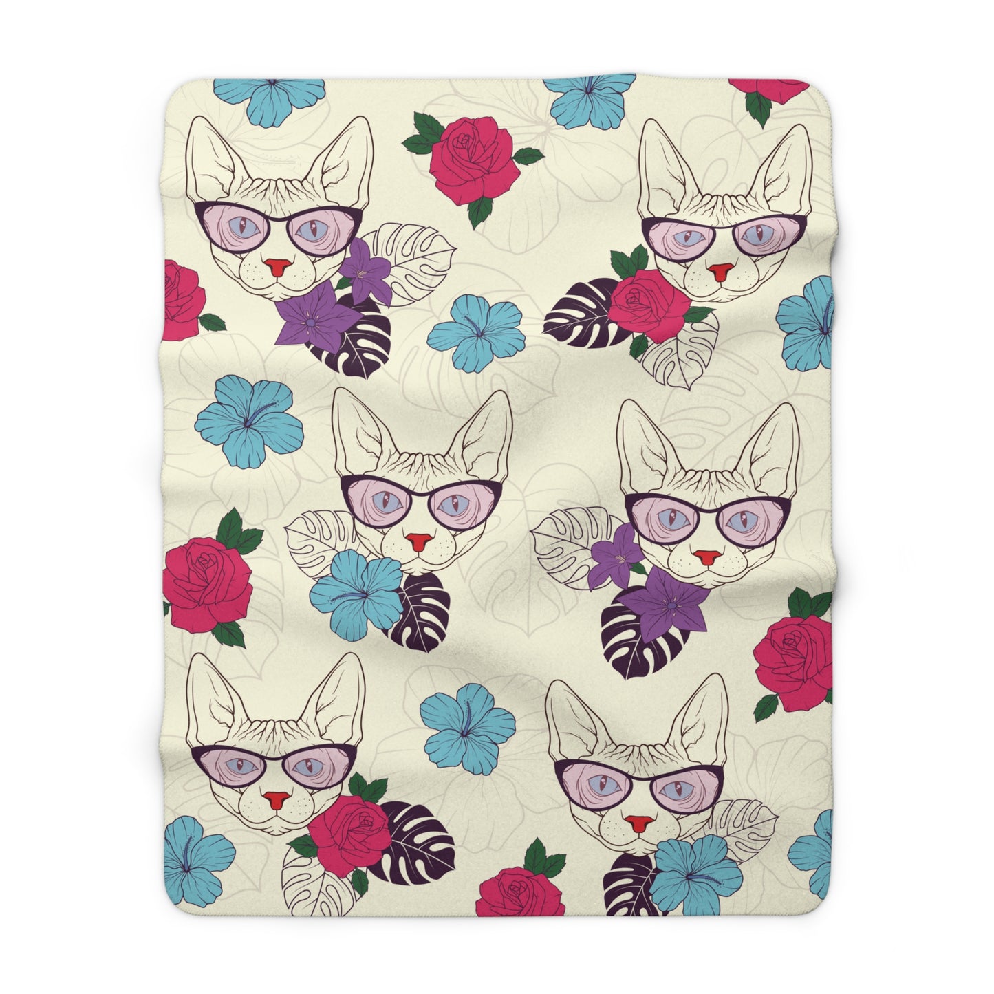 Fleece blanket warm indoor throw with Sphynx cats & flower pattern design.