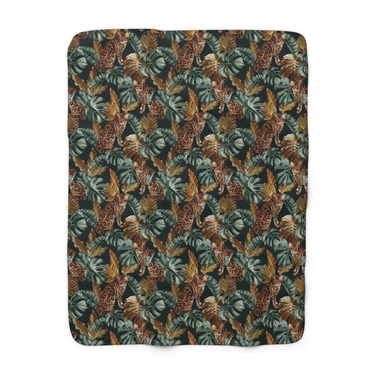 Fleece blanket with Bengal cats and oversized tropical leaves motif 