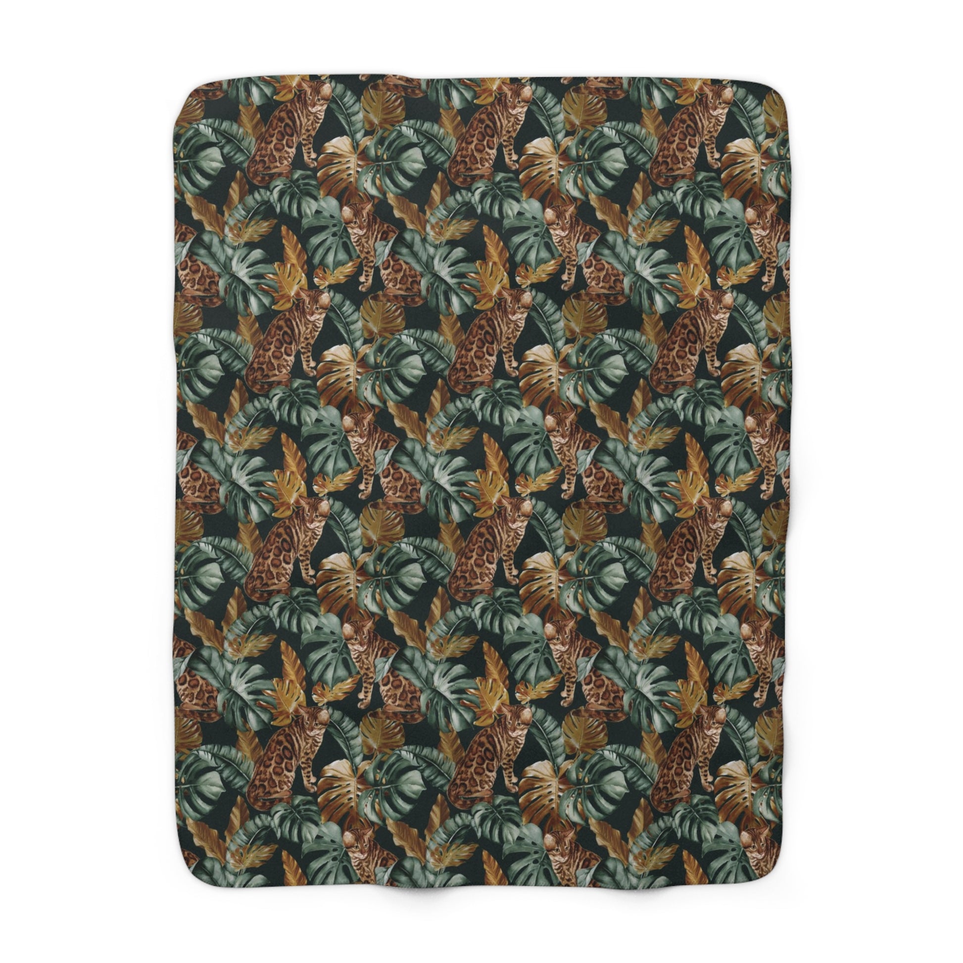 Fleece blanket with Bengal cats and oversized tropical leaves motif 
