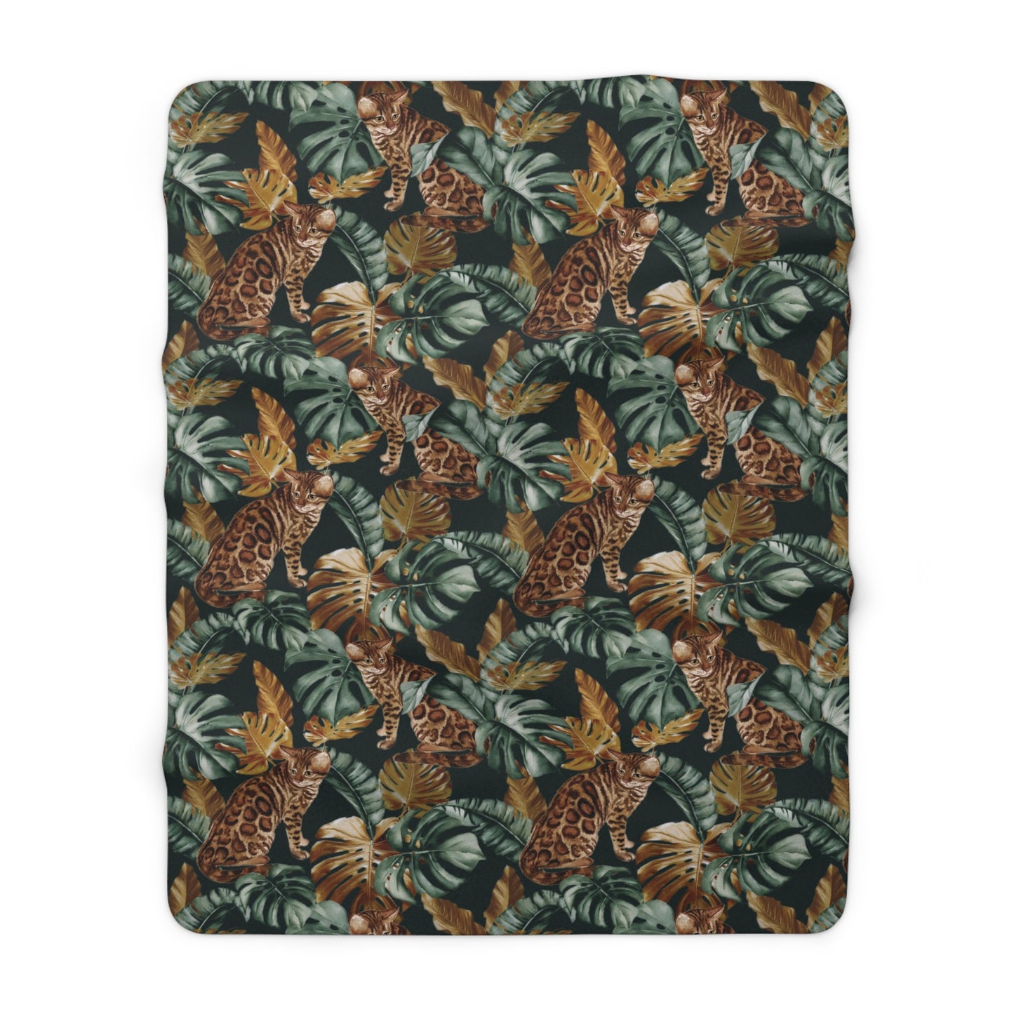 Fleece blanket with Bengal cats and oversized tropical leaves motif 