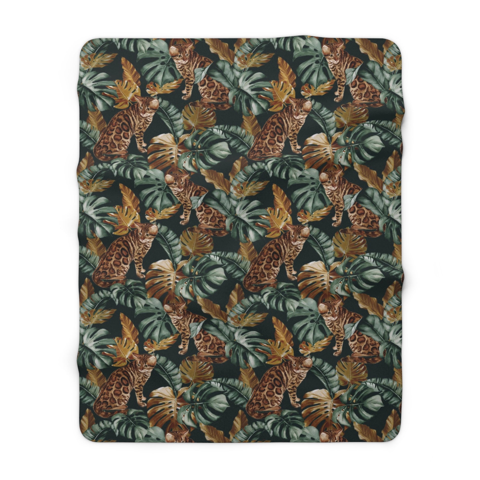 Fleece blanket with Bengal cats and oversized tropical leaves motif 