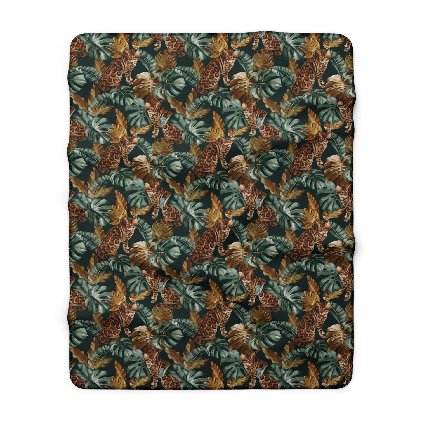 Fleece blanket with Bengal cats and oversized tropical leaves motif 