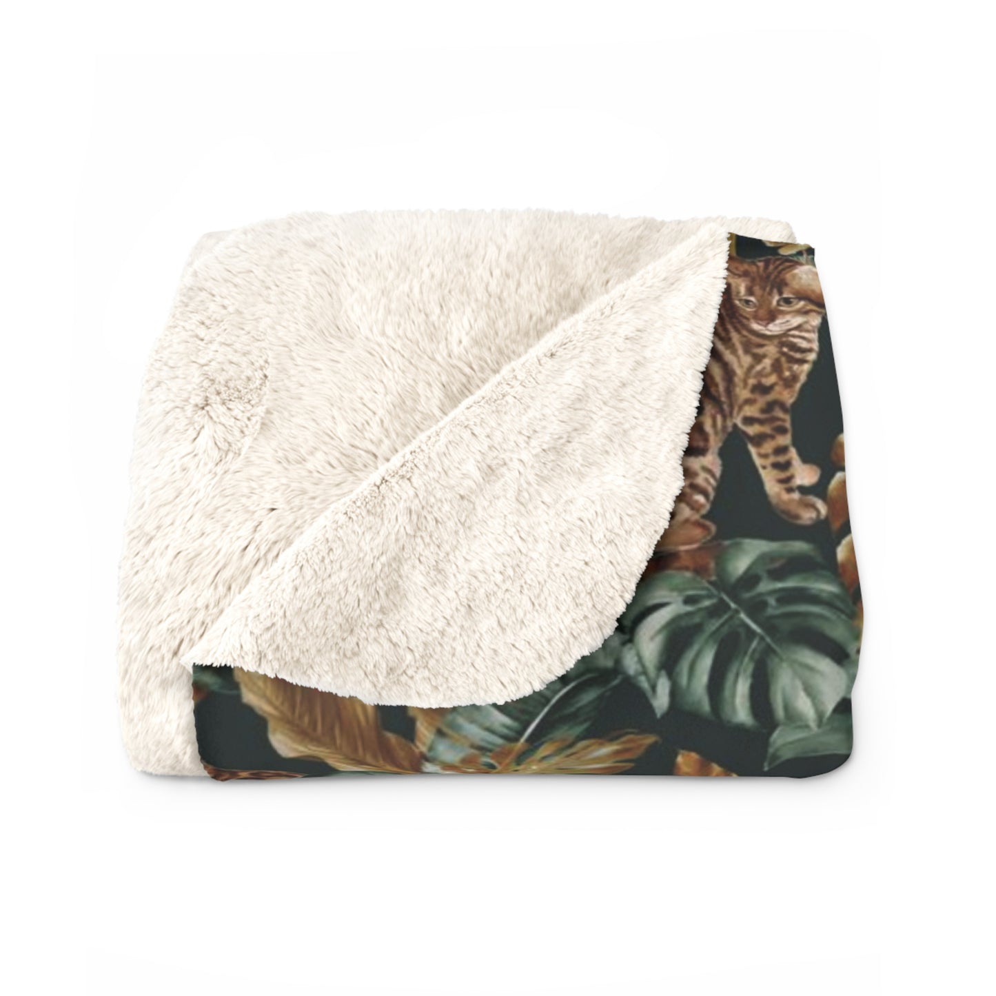 Fleece blanket with Bengal cats and oversized tropical leaves motif 