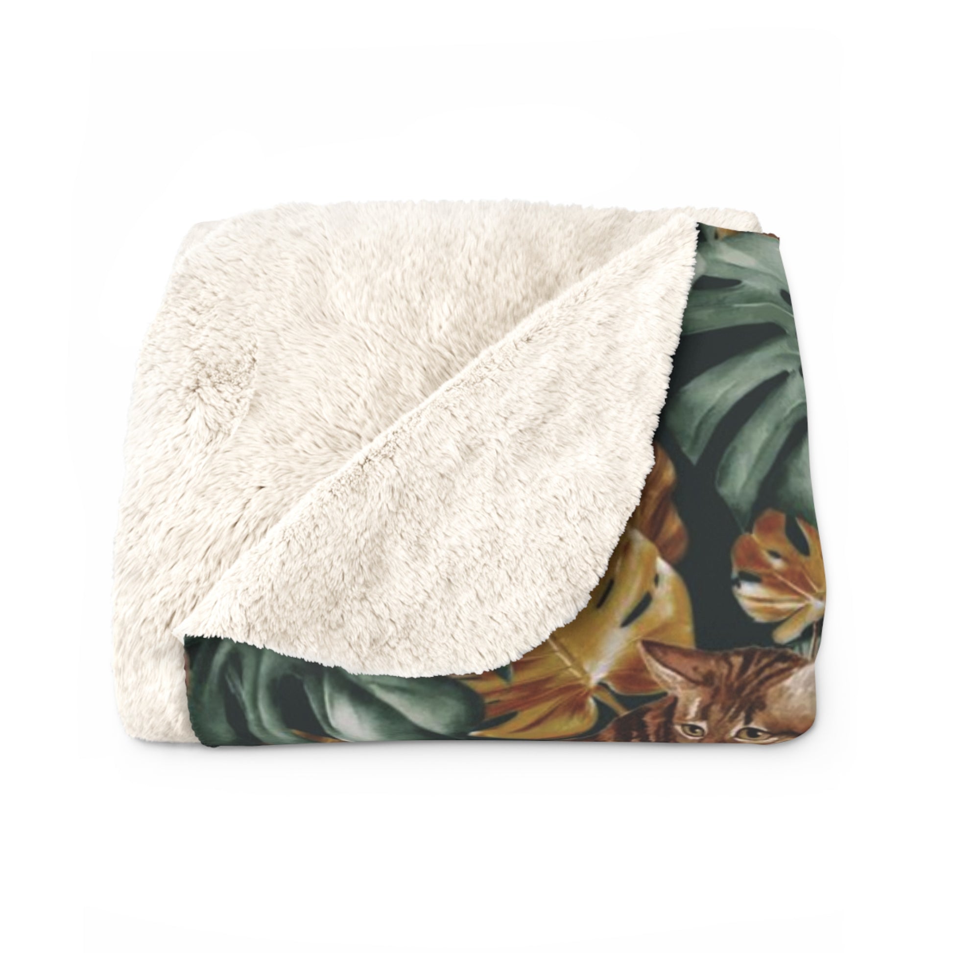 Fleece blanket with Bengal cats and oversized tropical leaves motif 