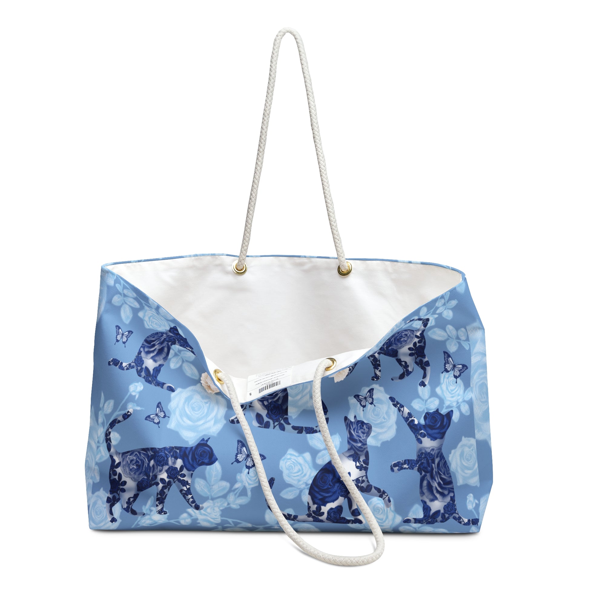 Floral Blue Cat Themed Weekender Tote Bag, With Print Of Cats, Roses & Butterflies.