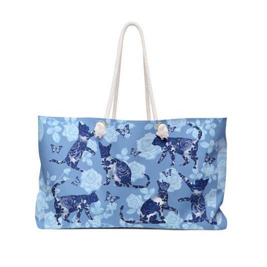 Floral Blue Cat Themed Weekender Tote Bag, With Print Of Cats, Roses & Butterflies.
