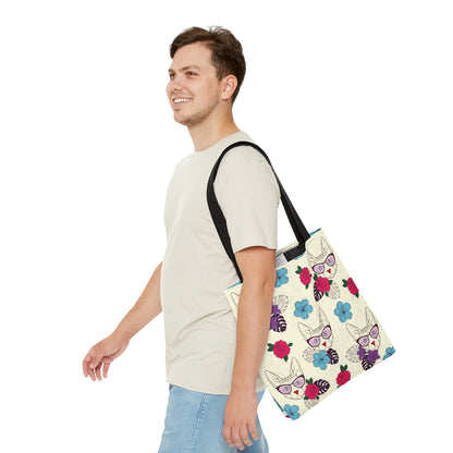 Tote bag with Sphynx cat and flower pattern on a cream background