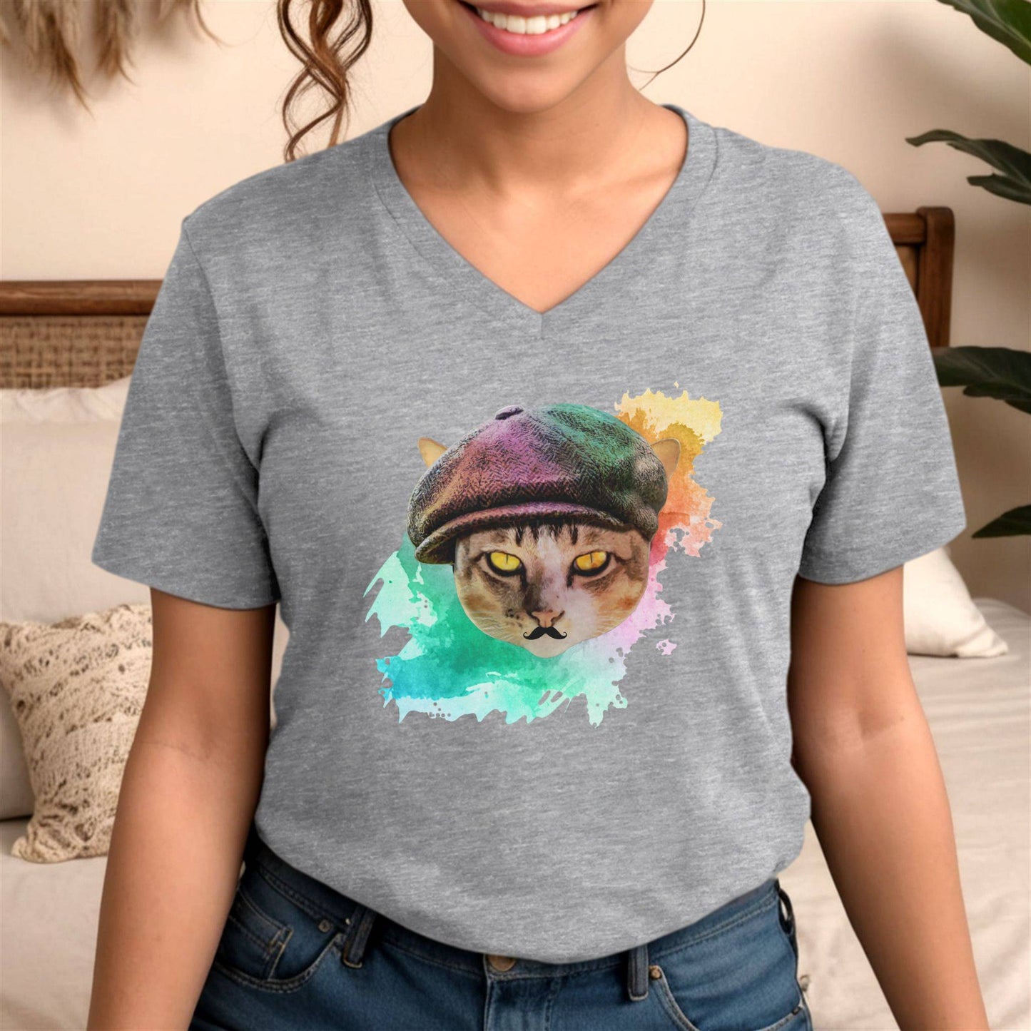 Heather Gray Baker Boy Cat T-Shirt Unisex V-Neck