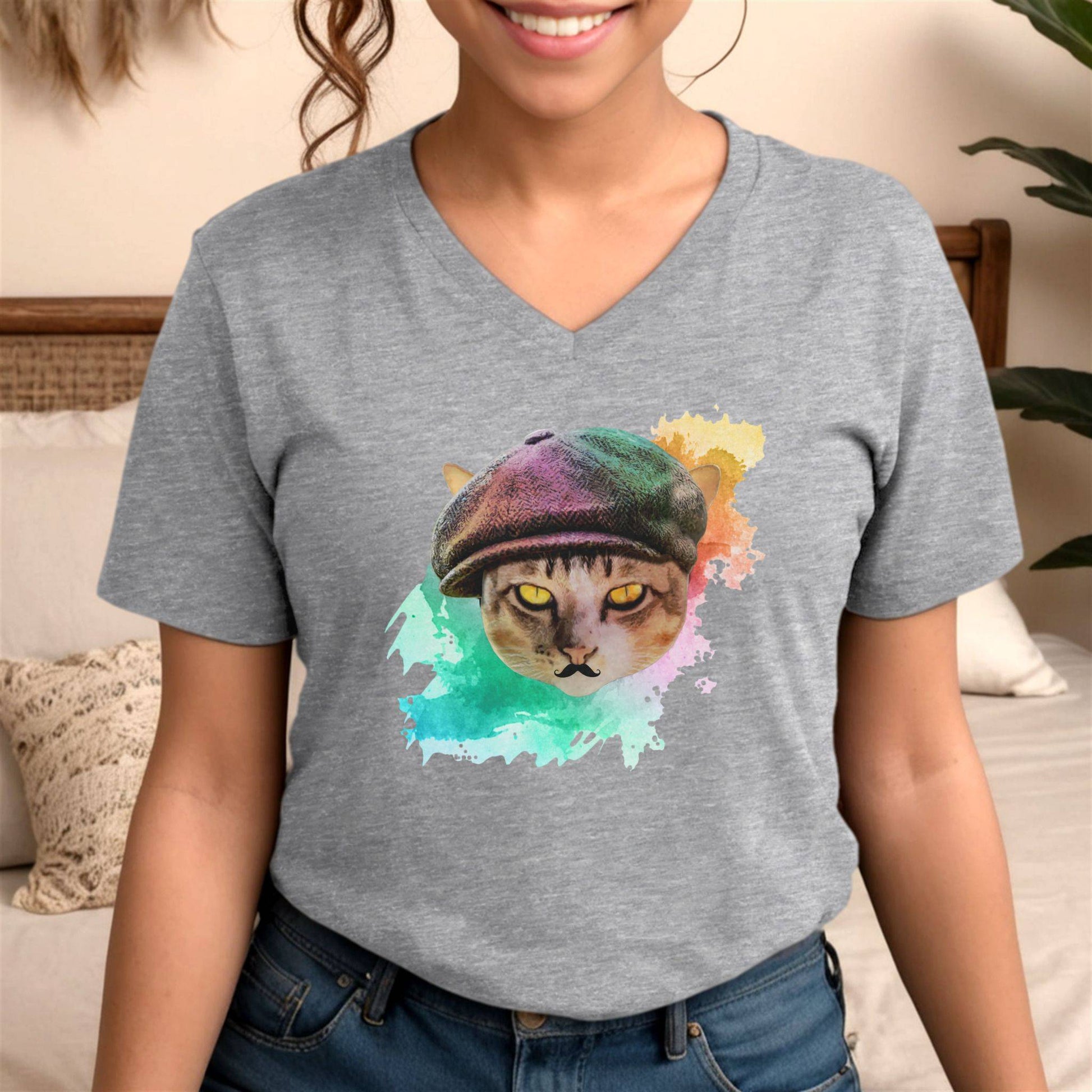 Heather Gray Baker Boy Cat T-Shirt Unisex V-Neck