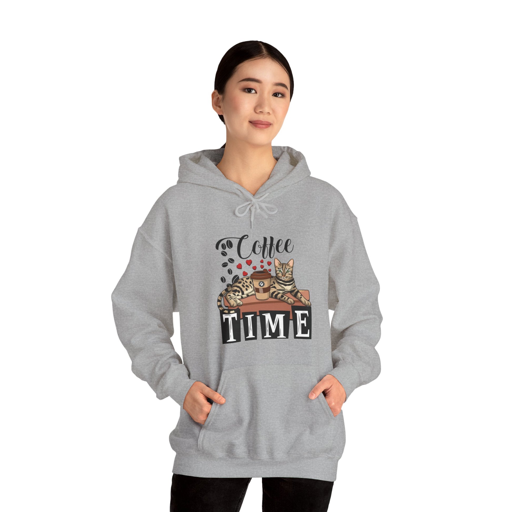 Oyster C☕ffee Beans & Love Hearts Cat Themed Hooded Sweatshirt Unisex