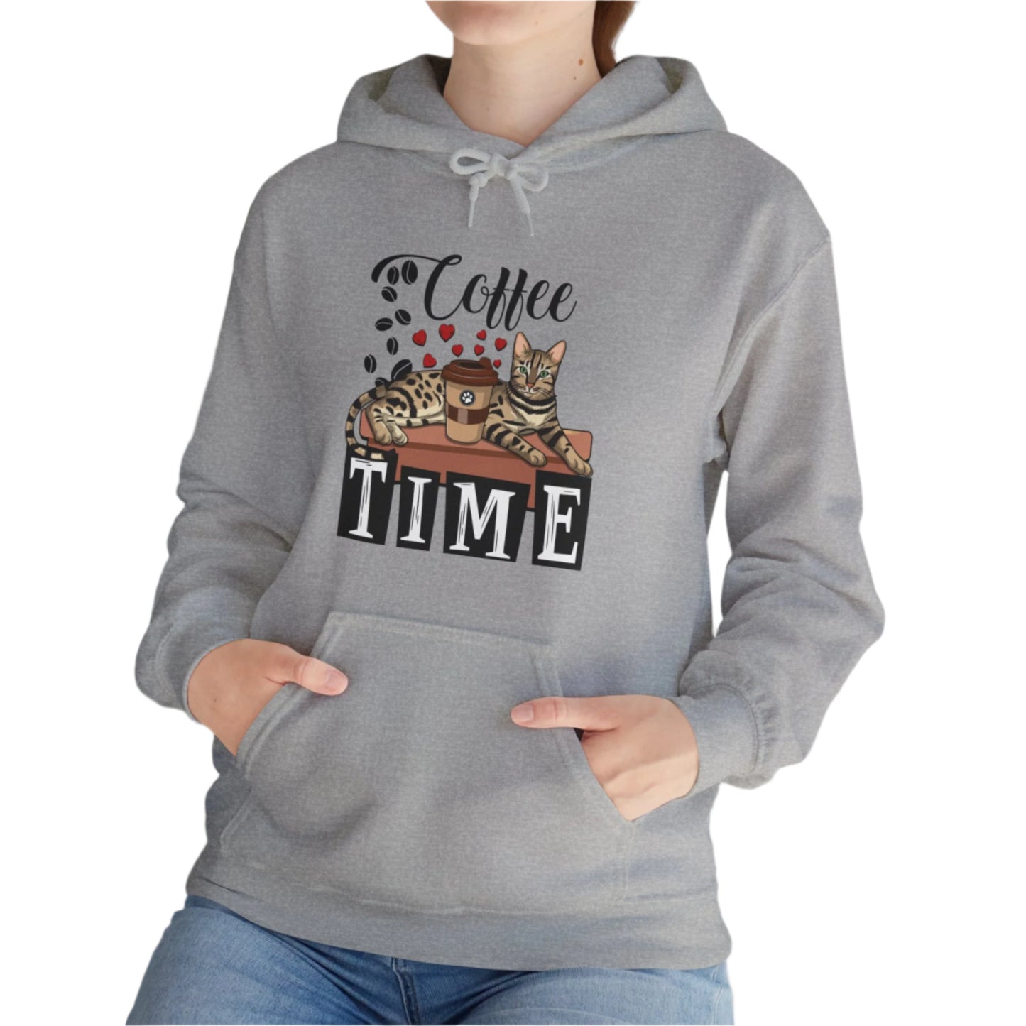 Oyster C☕ffee Beans & Love Hearts Cat Themed Hooded Sweatshirt Unisex