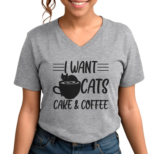 Heather Gray Cats Coffee & Cake V-Neck T-Shirt Unisex