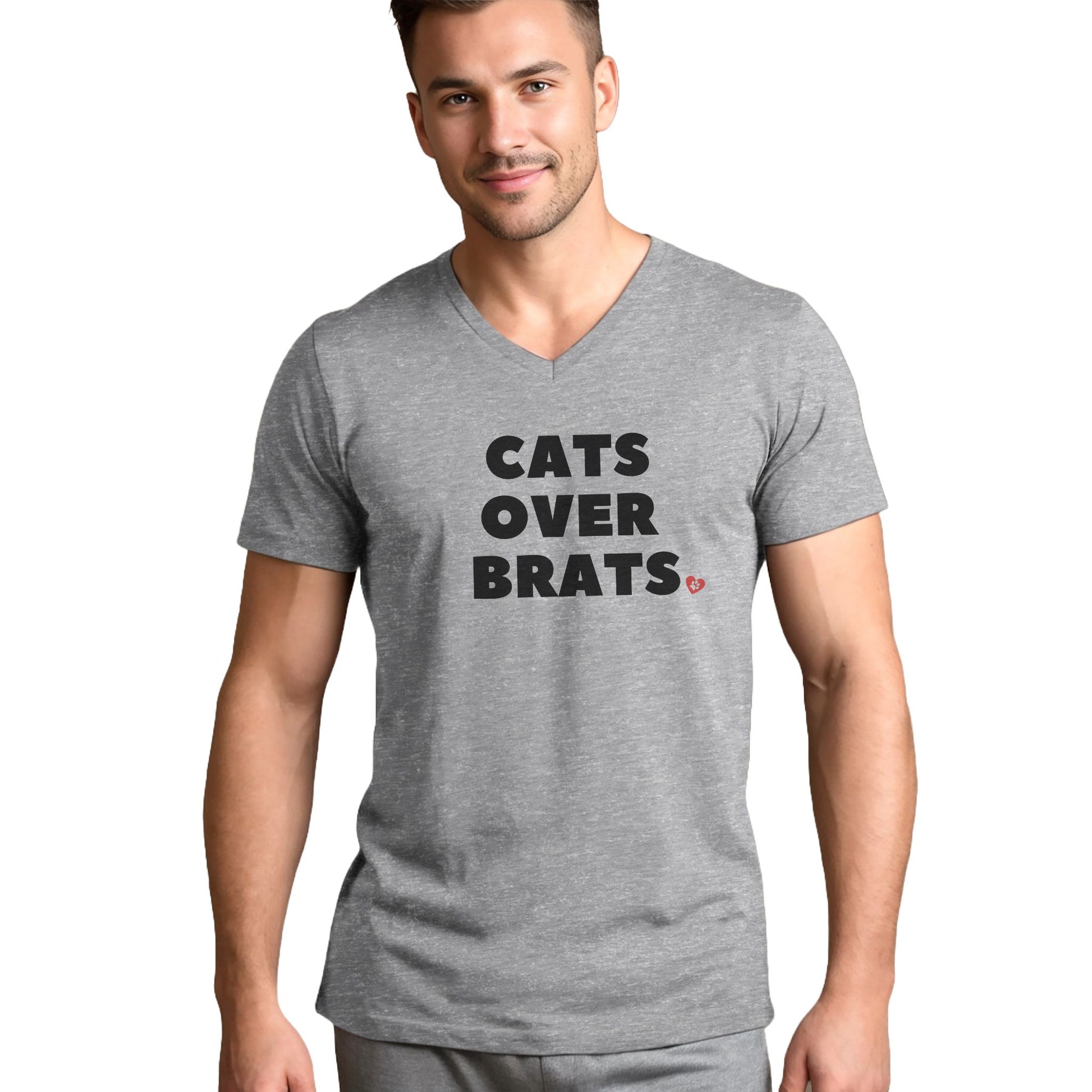 Heather Gray Cats Over Brats V-Neck T-Shirt