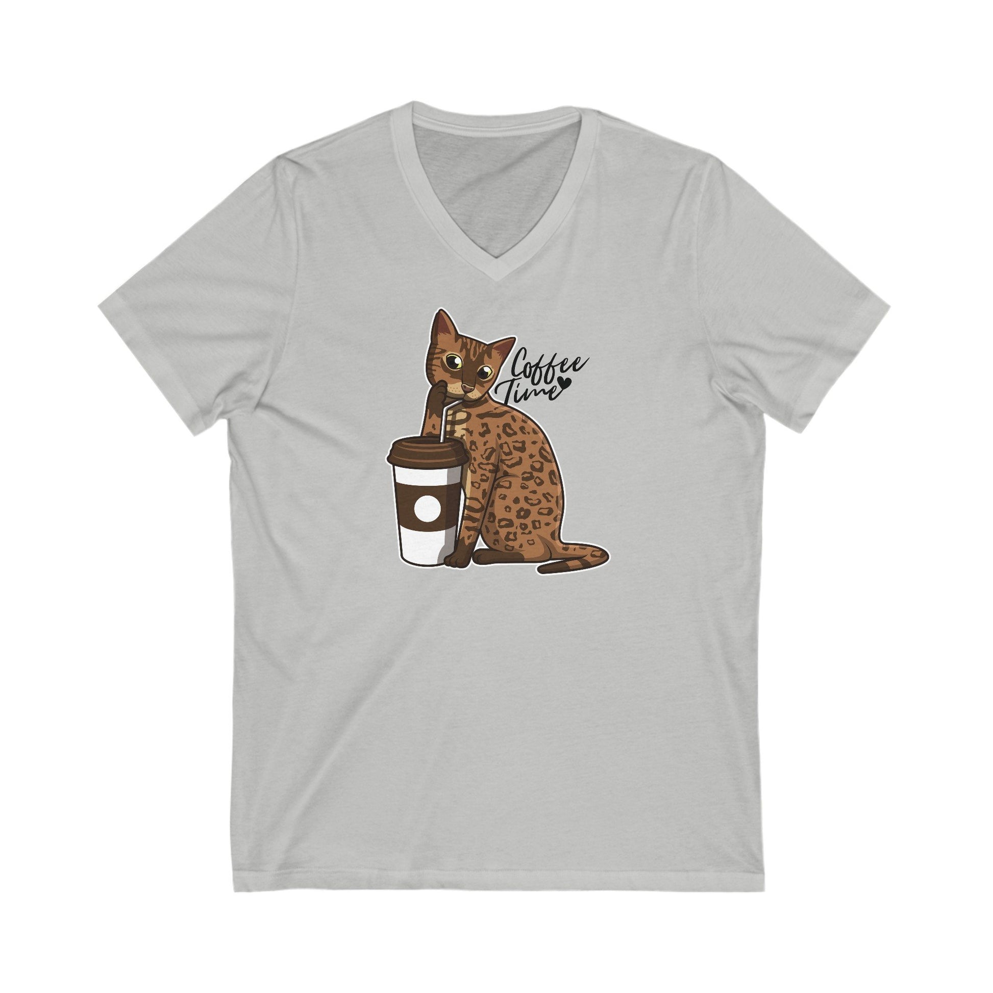 Heather Gray Drinking Cat T-Shirt Unisex V-Neck