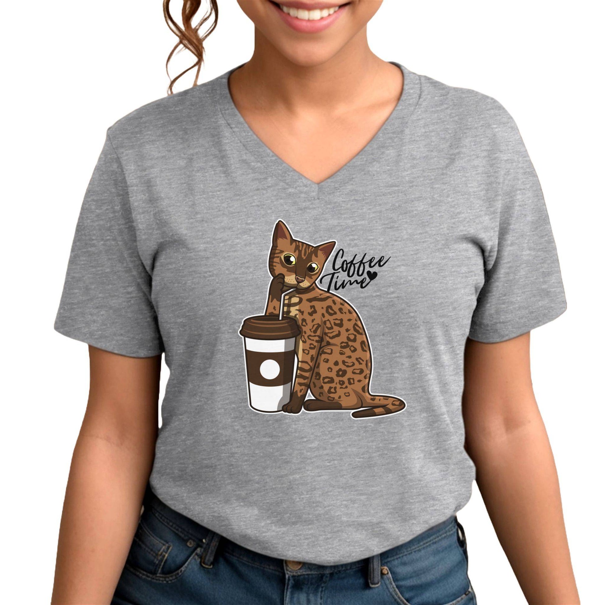 Heather Gray Drinking Cat T-Shirt Unisex V-Neck