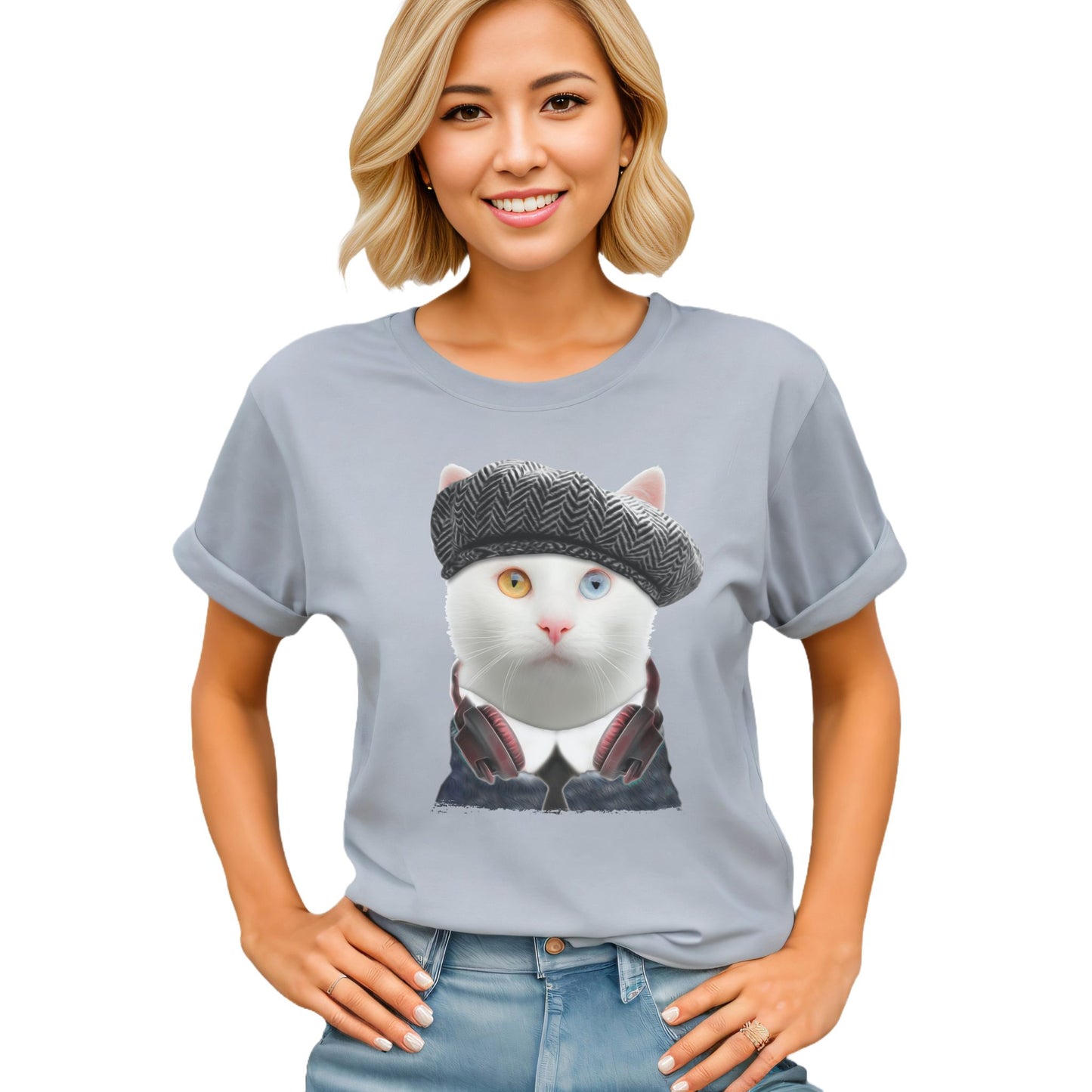 Silver Headphones Cat T-Shirt Unisex Crew Neck