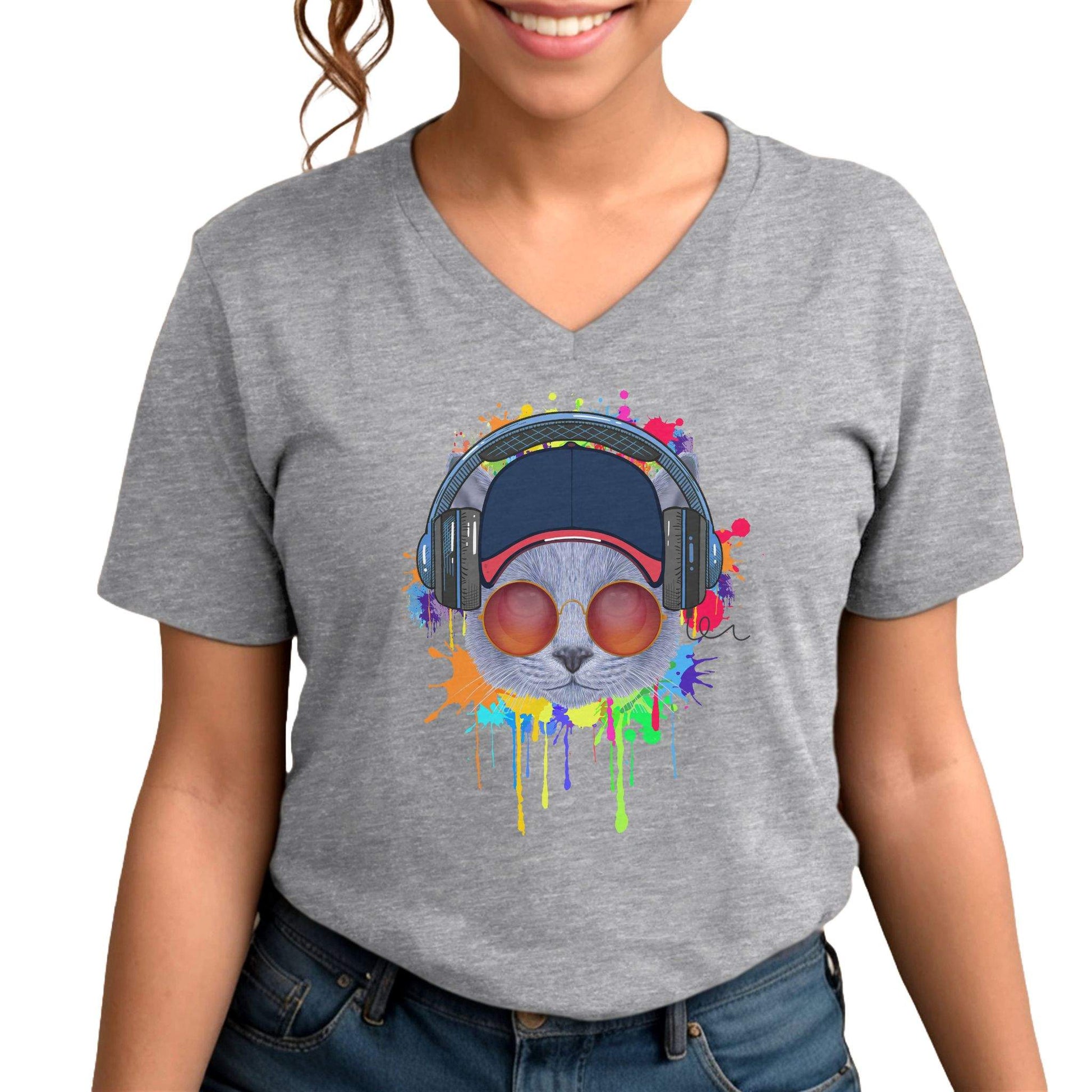 Heather Gray Lost In Music Cat T-Shirt V-Neck Unisex