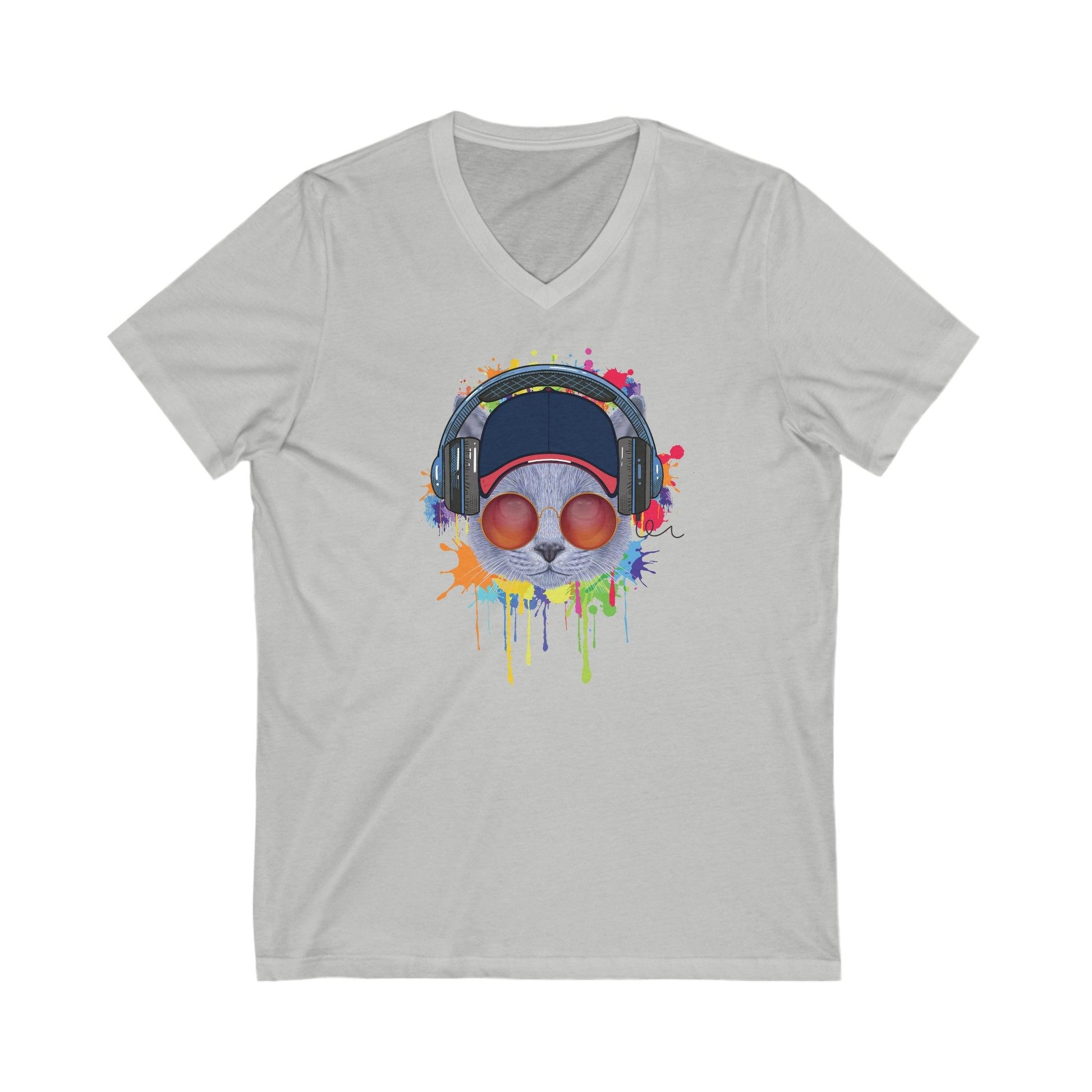 Heather Gray Lost In Music Cat T-Shirt V-Neck Unisex